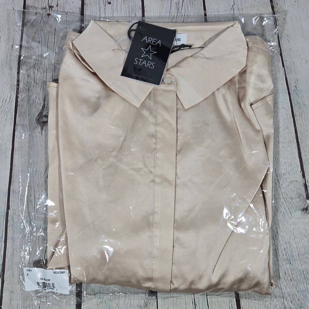 AREA STARS Womens Satin Pleated Sleeve Button Down Blouse Shirt Top Beige Medium - Picture 8 of 8